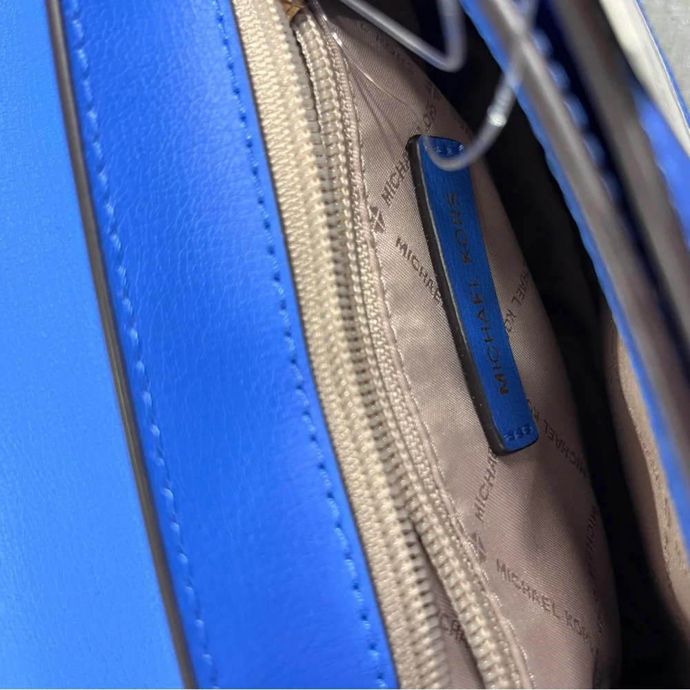 Michael Kors Mott Large Leather Shoulder Bag Oxford Blue Gold Chain NWT - Picture 10 of 12